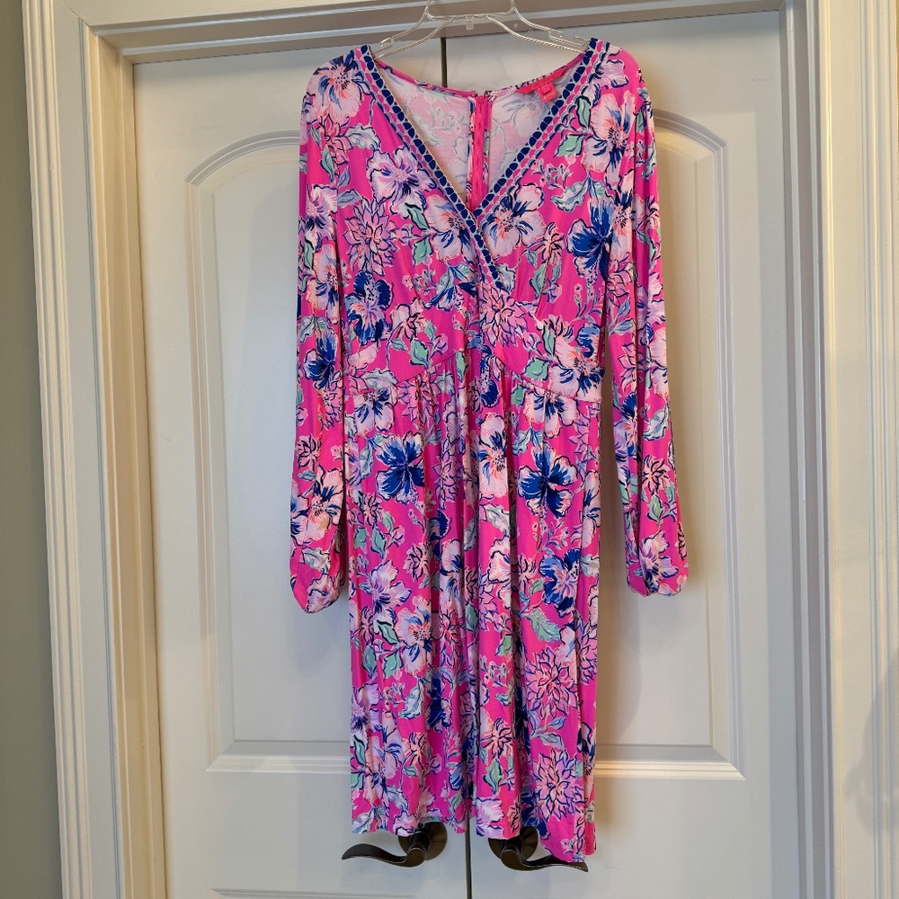 🌺 Lilly Pulitzer Pink Floral Long Sleeve Knee Length Dress – Size 12